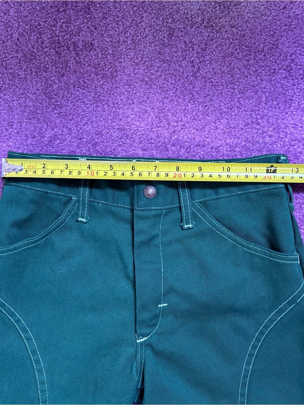 Green Super Denim Flare Jeans White Stitch 70s Hippie Style - Picture 8 of 8